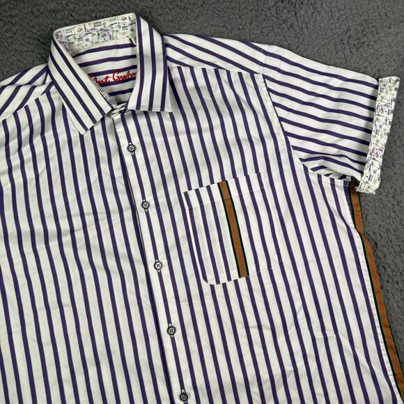 Robert Graham Shirt Mens XL Purple Striped Short Sleeve Classic Flip Cuff - Picture 1 of 9